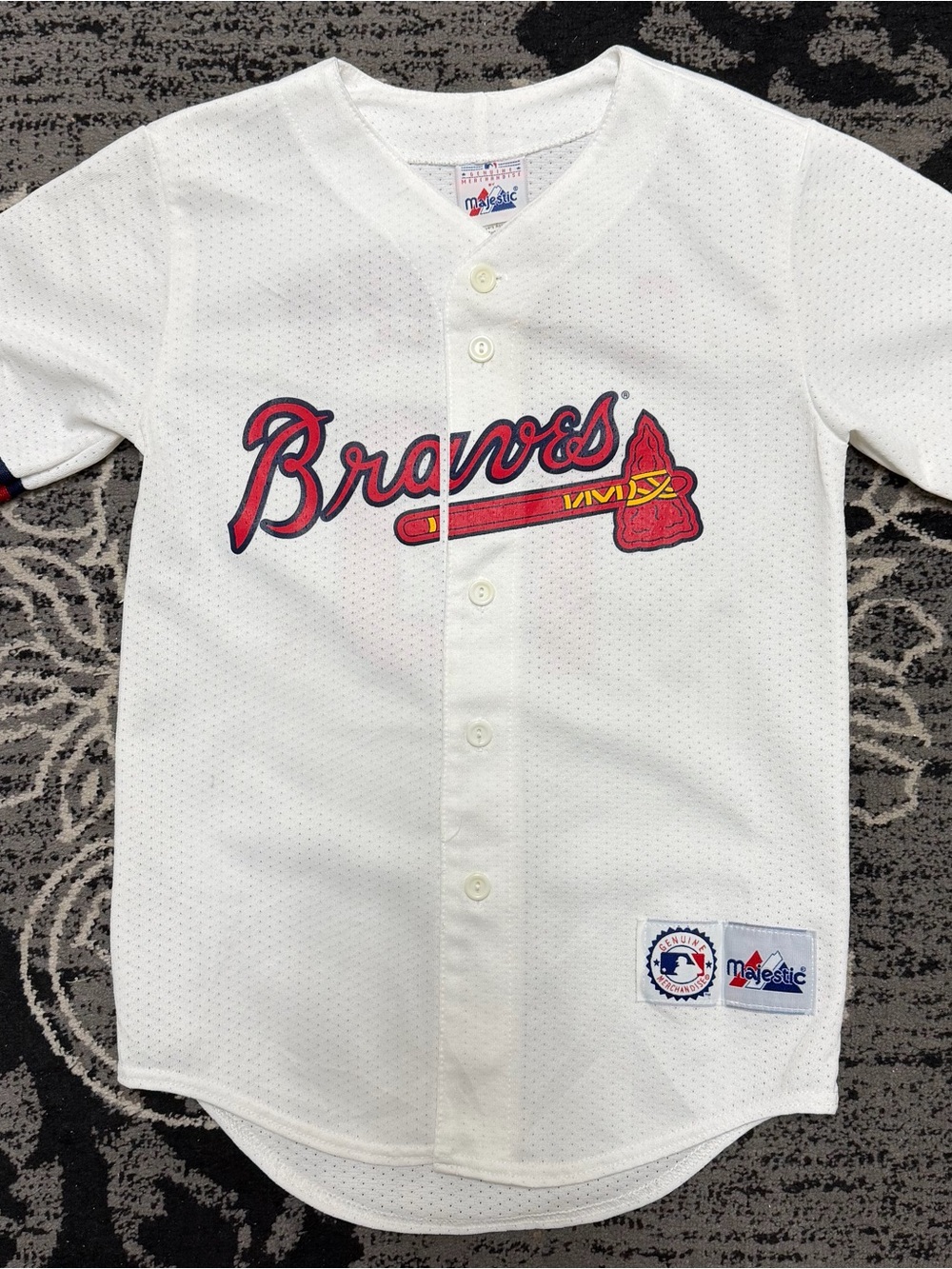 Majestic White Atlanta Braves Youth Button-Up Jersey with Red & Navy Logo
